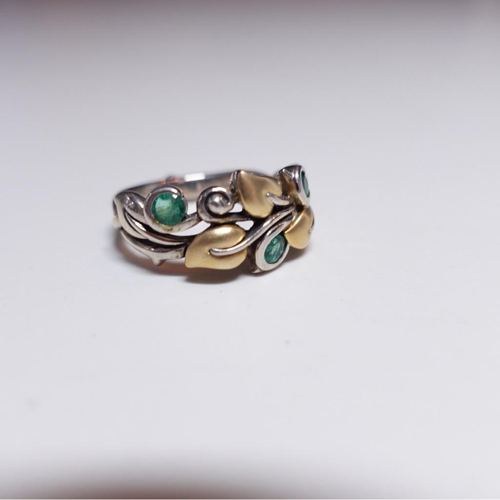 Barbara Bixby Sterling Silver 925 18k & Emerald Vine Leaf Ivy Ring Size 9.75